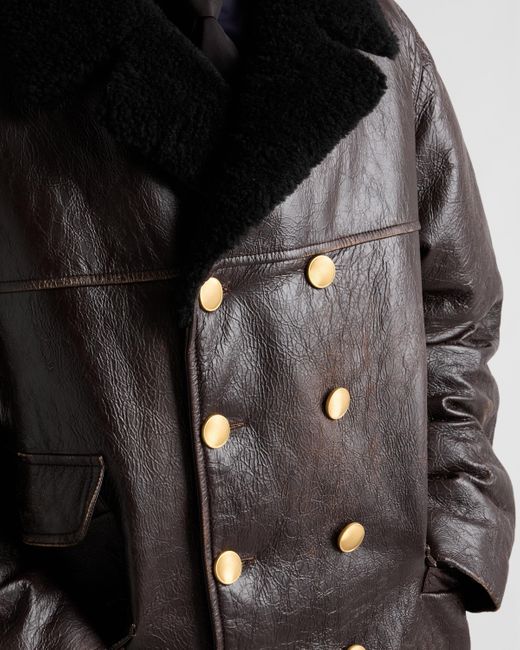 Prada Brown Double-Breasted Leather Coat for men