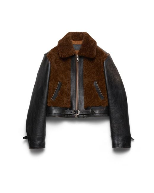 Prada Brown Panelled Leather And Shearling Jacket