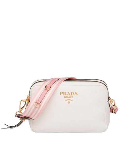 Prada Pink Saffiano Leather And Striped Fabric Shoulder Strap