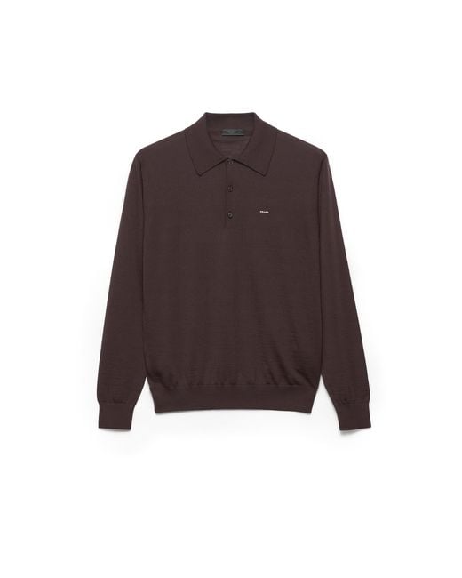 Prada Brown Long-Sleeved Superfine Wool Polo Sweater for men