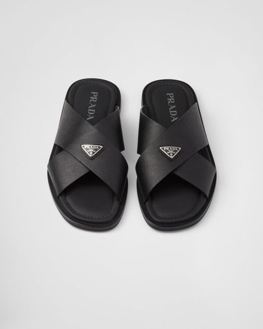 Prada Black Saffiano Leather Crisscross Slides for men