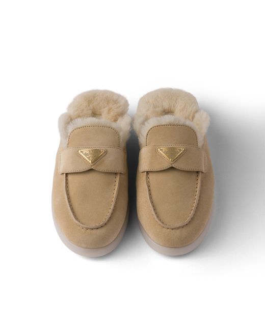 Prada White Suede And Shearling Mules