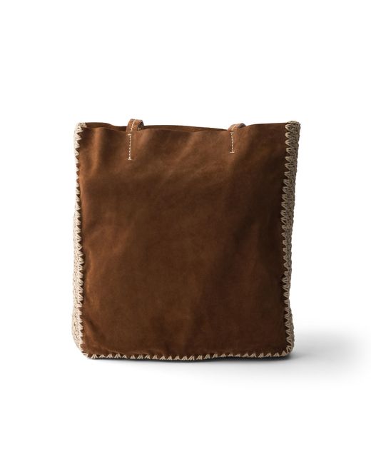 Prada Brown Large Suede And Crochet Tote Bag