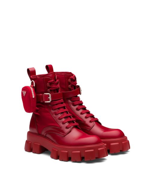 Prada Red Monolith Brushed Leather And Nylon Boots for men