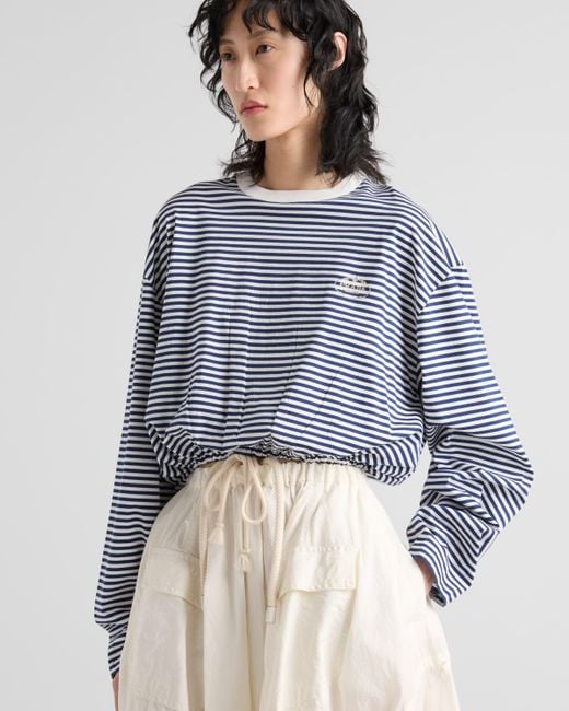 T-Shirt Rayé À Manches Longues En Jersey Prada en coloris Blue