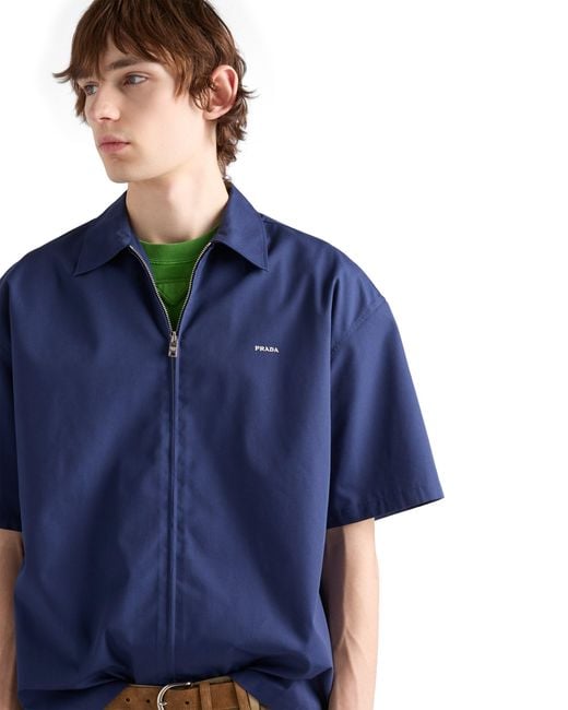 Prada Short-Sleeved Technical Cotton Shirt, Bluette for men