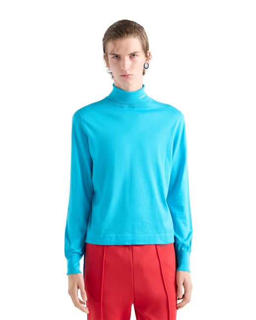 Prada Blue Cotton Turtleneck Sweater for men