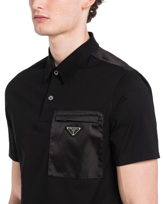 Prada Black Brand-Plaque Nylon-Pocket Stretch-Cotton Polo Shirt Xxl for men