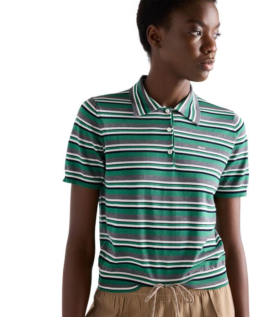 Prada Green Short-Sleeved Striped Cotton Polo Shirt