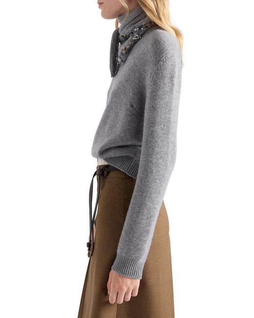 Prada Gray Cashmere Crew-Neck Sweater With Scarf