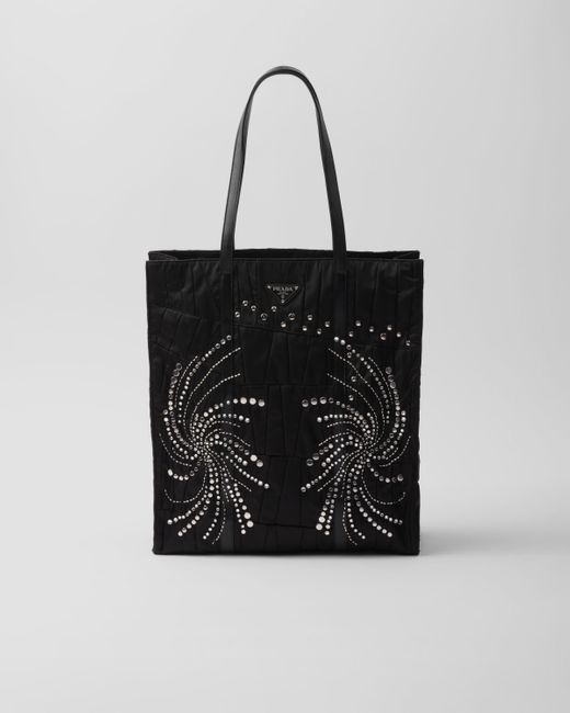 Prada Black Large Re-Nylon Patchwork Tote Bag With Embroidery
