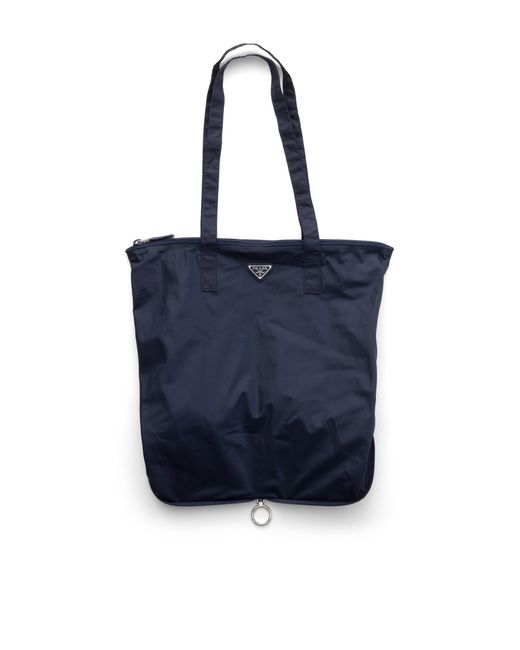 Prada Blue Saffiano Leather Pendant With Re-Nylon Tote Bag