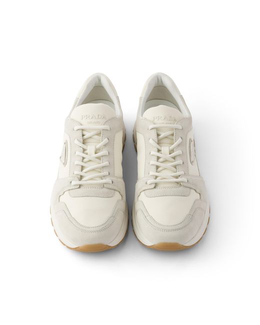 Prada White Prax Suede And Re-Nylon Sneakers, Cream for men