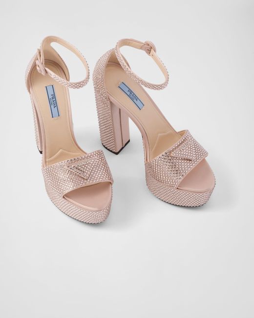 Prada Pink Satin Platform Sandals With Crystals