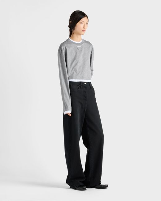 Prada Gray Langarm-T-Shirt Aus Baumwoll-Jersey