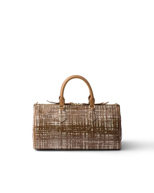 Prada Brown Medium Linen Blend And Leather Top-Handle Bag, Brandy