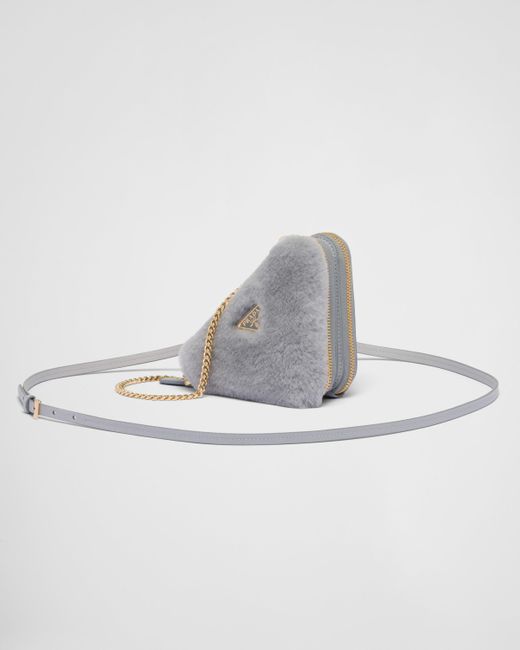Prada White Triangular Shearling And Saffiano Leather Mini-pouch