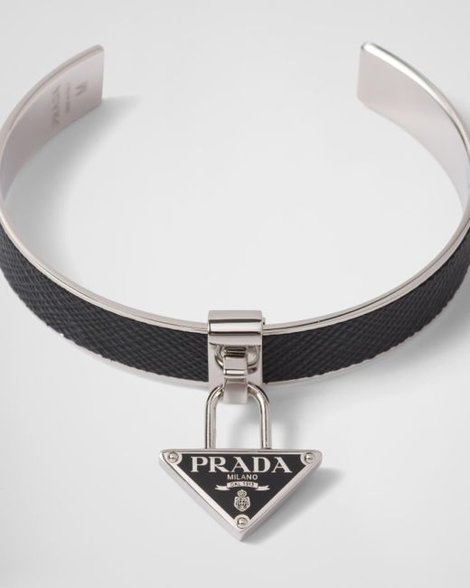 Prada White Metal And Saffiano Leather Bracelet