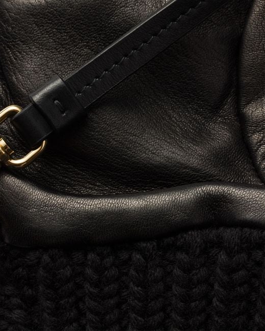 Prada Black Wool And Nappa Leather Mittens, Size 7