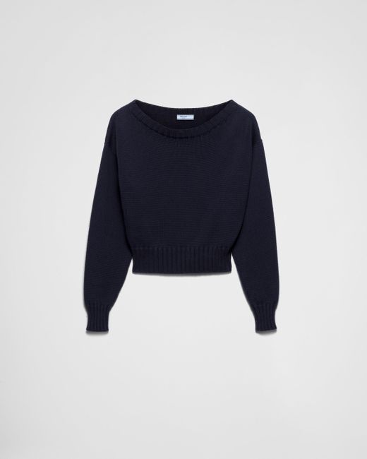 Prada Blue Pullover Aus Baumwolle Mit U-Boot-Ausschnitt