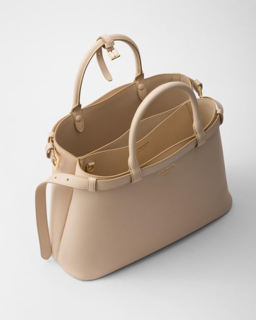 Prada Natural Buckle Medium Leather Handbag With Double Belt