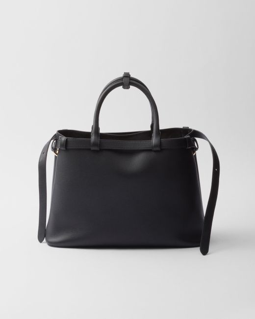 Prada Black Mittelgroße Buckle Handtasche Aus Leder Mit Doppeltem Gürtel