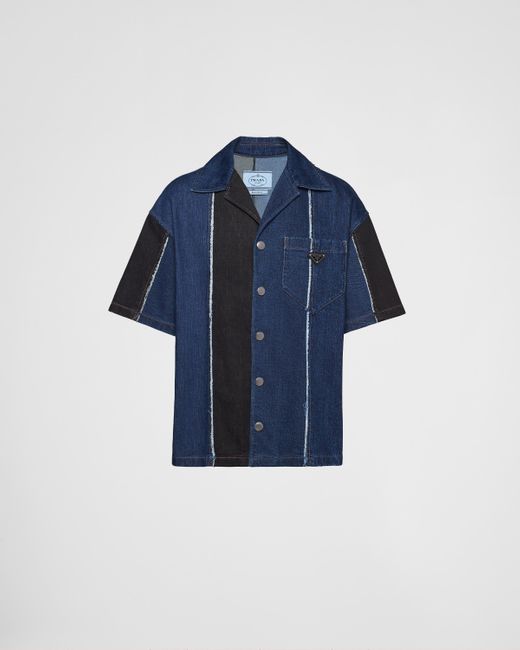 Prada Blue Double Match Striped Denim Shirt for men