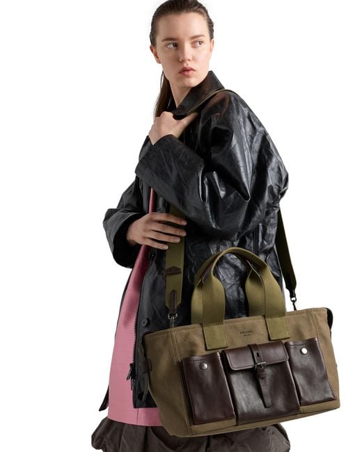 Prada Brown Route Large Canvas And Leather Tote Bag