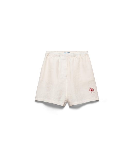 Prada White Embroidered Slubbed Linen Shorts