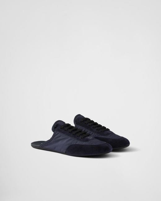 Prada Collapse Re-Nylon And Suede Mules in Blue | Lyst