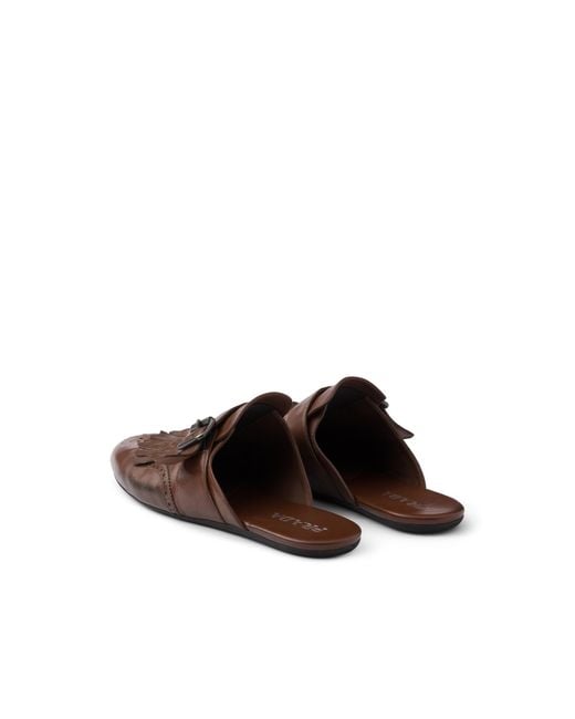 Prada Brown Shuffle Antiqued Leather Mules With Buckled Strap And Fringe for men