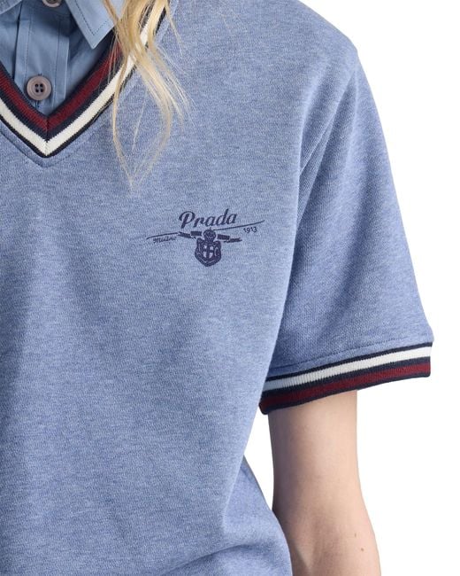 Prada Blue Cotton Fleece V-Neck Sweatshirt