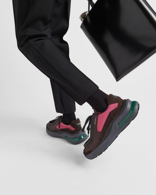 Prada Multicolor Systeme Brushed Leather Sneakers With Bike Fabric And Suede Elements for men