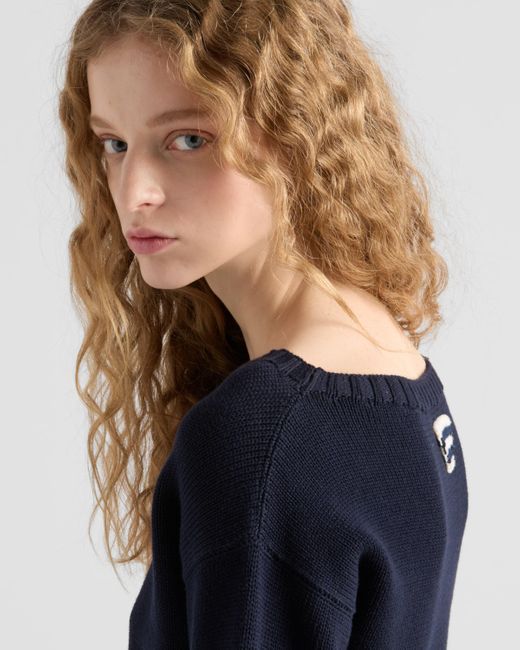 Prada Blue Pullover Aus Baumwolle Mit U-Boot-Ausschnitt