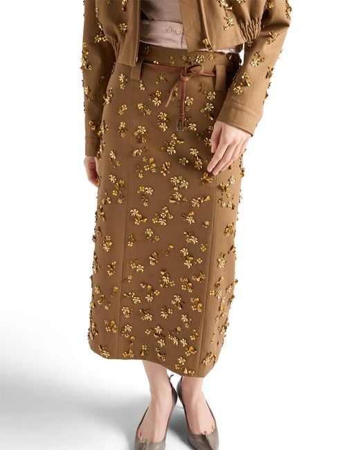 Prada Natural Embroidered Chevron Midi-Skirt