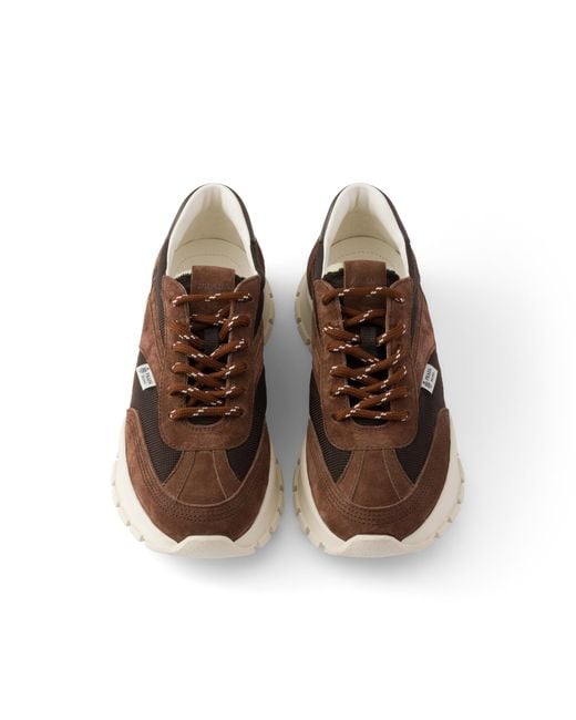 Prada Brown Mesh Fabric And Suede Sneakers, Cocoa