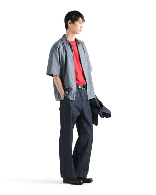 Prada Blue Short-Sleeved Technical Cotton Shirt, Iron for men