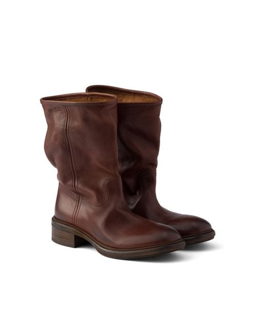 Prada Brown Vintage-Effect Leather Boots