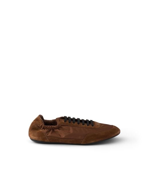 Prada Brown Collapse Re-Nylon And Suede Elasticized Sneakers, Palisander for men