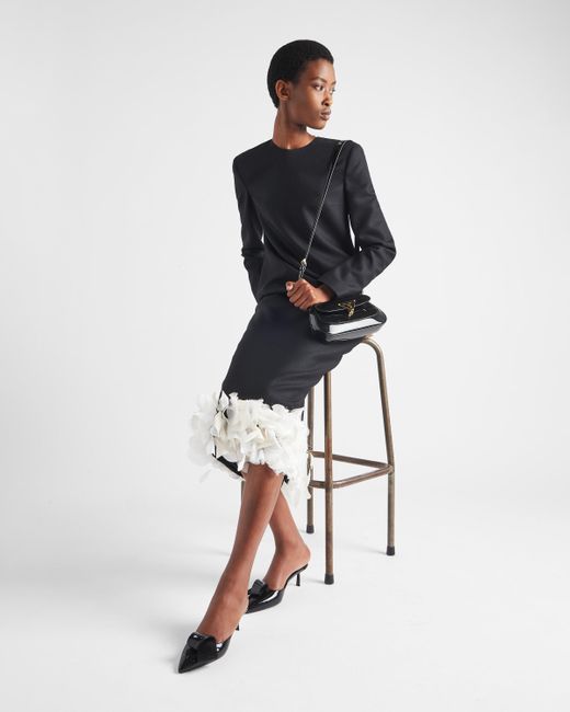 Prada Black Embroidered Wool Midi-dress
