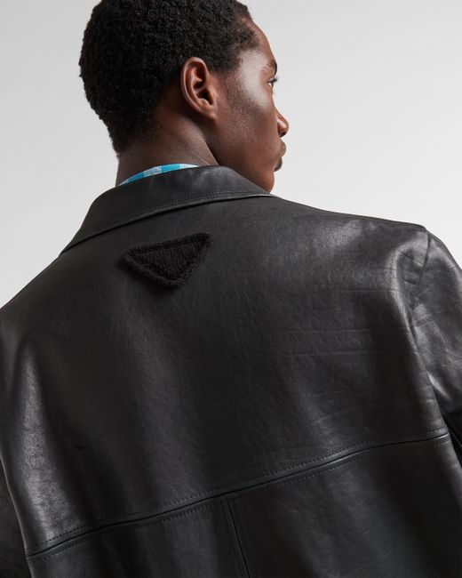 Prada Black Leather Pea Coat for men