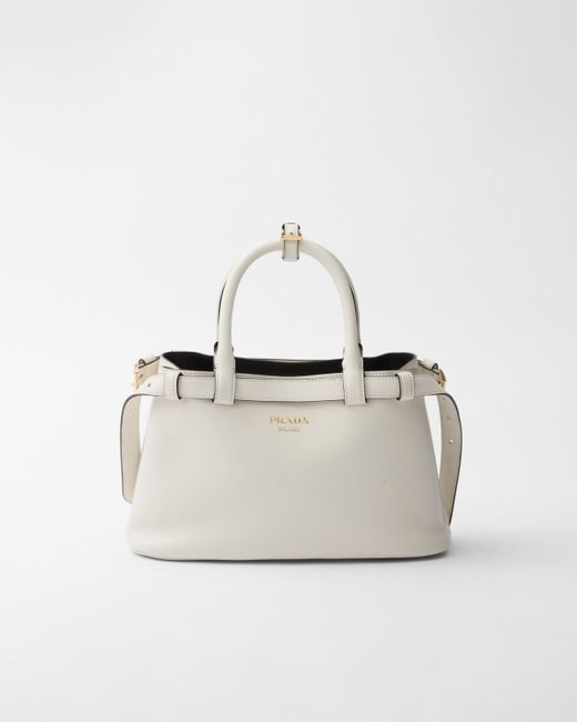 Prada White Kleine Buckle Handtasche Aus Leder Mit Doppeltem Gürtel