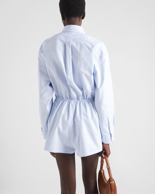 Prada Blue Embroidered Oxford Cotton Jumpsuit