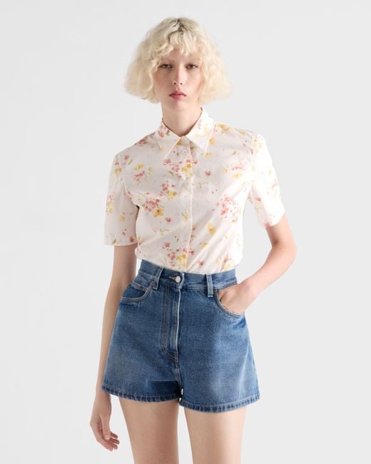Prada Natural Short-Sleeved Floral Print Poplin Shirt