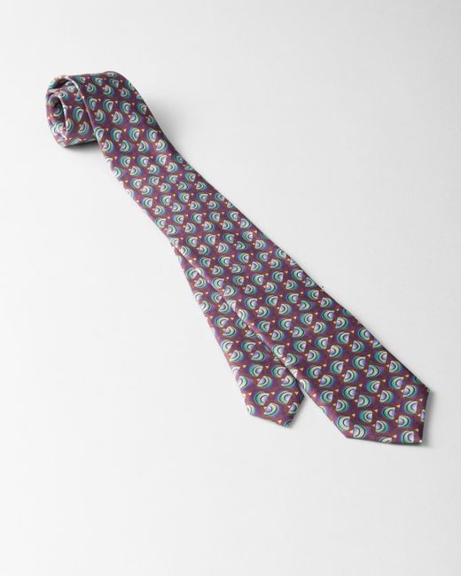 Prada White Silk Twill Tie With Geometric Print for men
