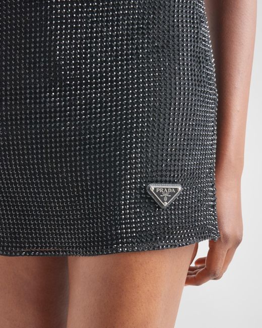 Prada Black Embroidered Rhinestone Mesh Miniskirt