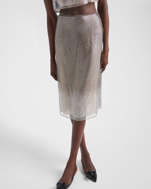 Prada Gray Embroidered Rhinestone Mesh Midi-skirt