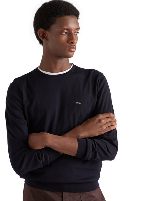 Prada Blue Superfine Wool Crew-Neck Sweater for men