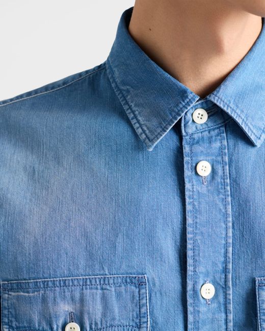 Prada Blue Short-Sleeved Light Denim Shirt for men