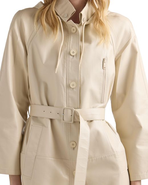 Prada Natural Hooded Nappa Leather And Fabric Coat, Ivory
